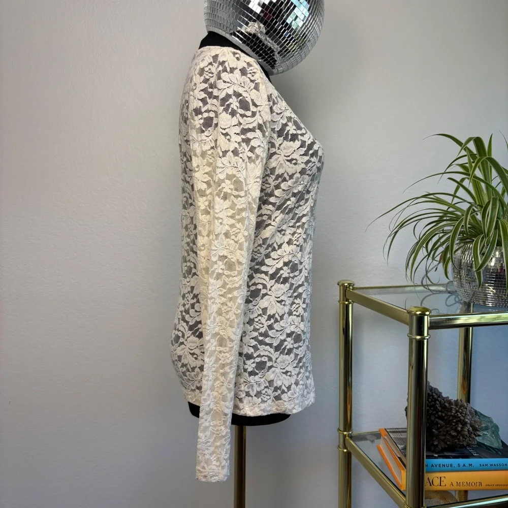 By Anthropologie Long Sleeve Lace Crew Neck Top, SMALL Almond Floral Sheer boho